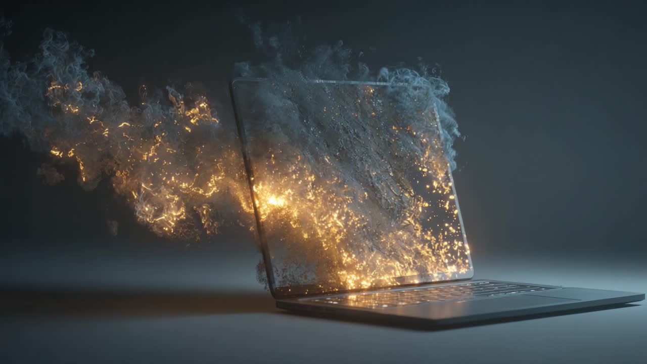 Trasformazione esplosiva: un laptop scatena uno spettacolo di fiamme e fumo, unendo tecnologia ed effetti visivi artistici in una scena abbagliante