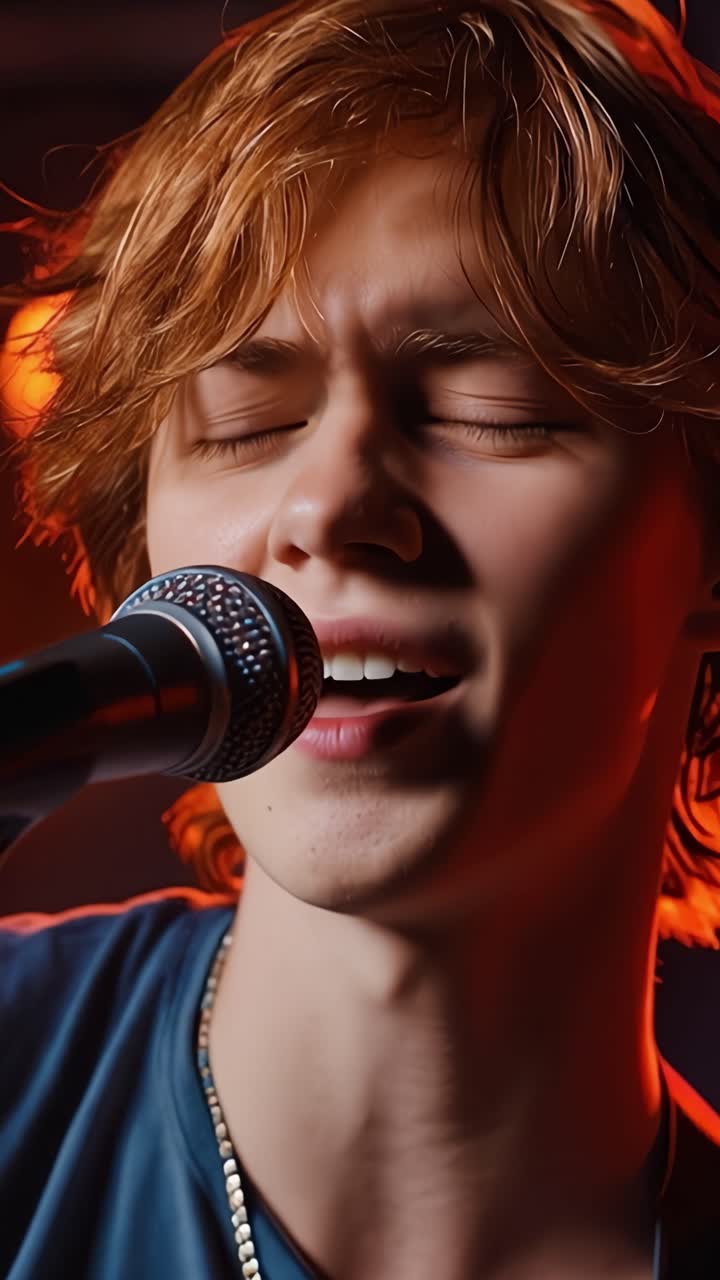 Captivating Young Musician Performing Emotionally Charged Song with Passionate Expressions in a Dimly Lit Atmosphere, Engaging with Audience through Music