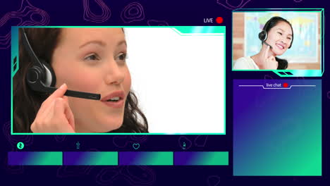 interfaz digital en la pantalla con mujeres usando auriculares de teléfono hablando en videollamada