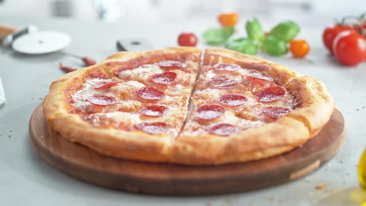 las rebanadas de pizza pepperoni desaparecen de una bandeja de madera para servir - vista de la mesa, parada de movimiento