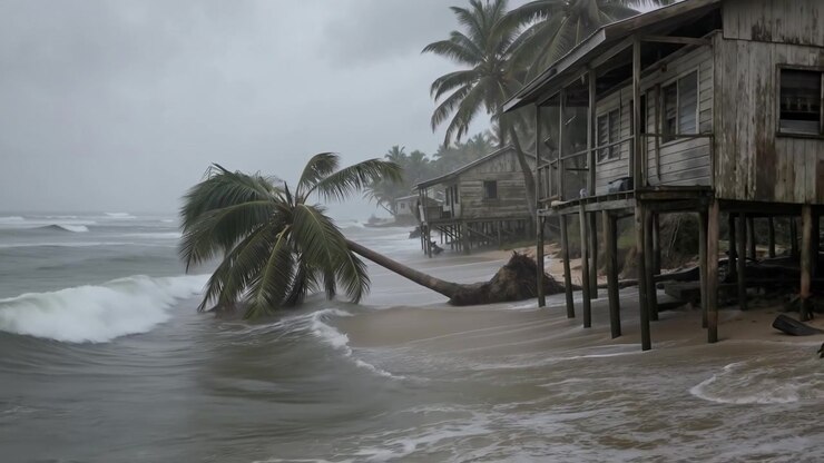 Powerful storm waves crashing against a tropical coastline with palm trees and a wooden hut