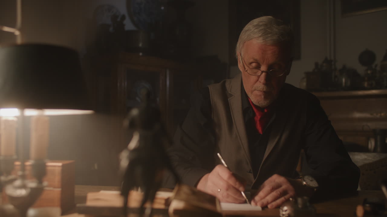 Old passionate man writes a letter in his office at night