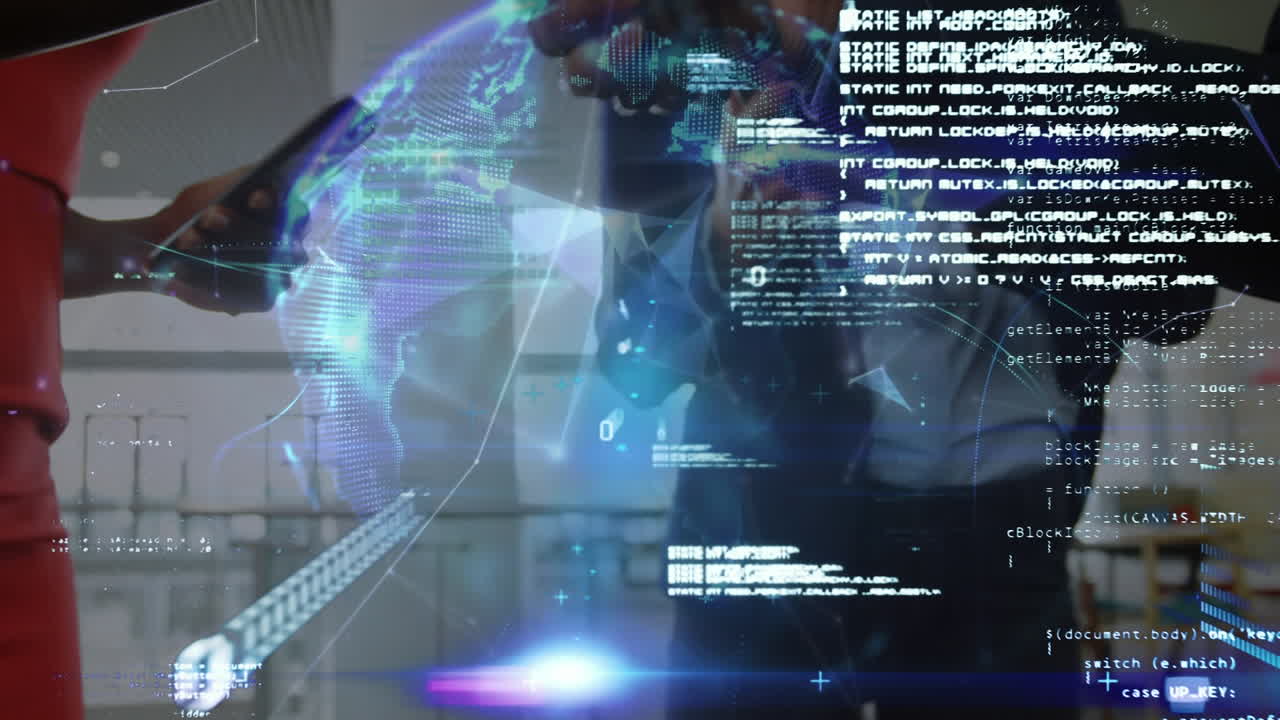 Animation of globe and data processing over business people shaking hands