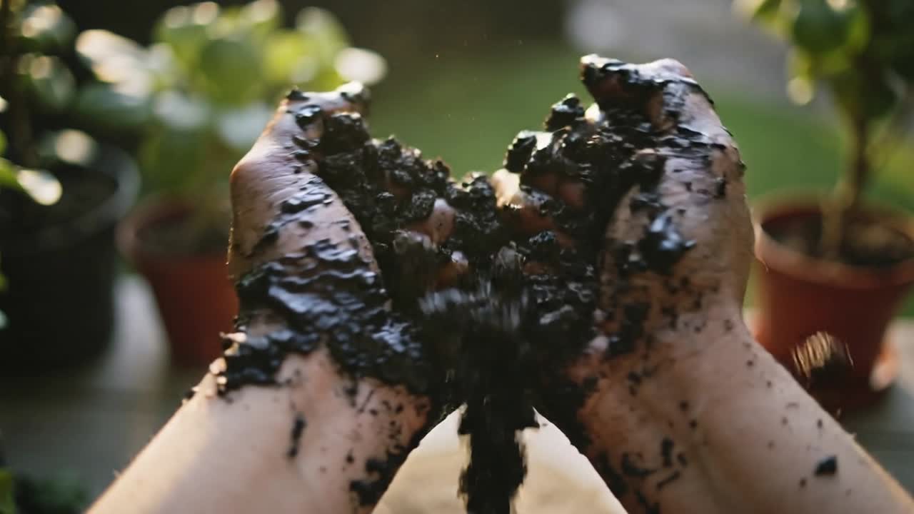Mani nude che comprimono e strofinano terriccio umido, lasciando cadere grumi su un tavolo da giardino illuminato dal sole, con piante.