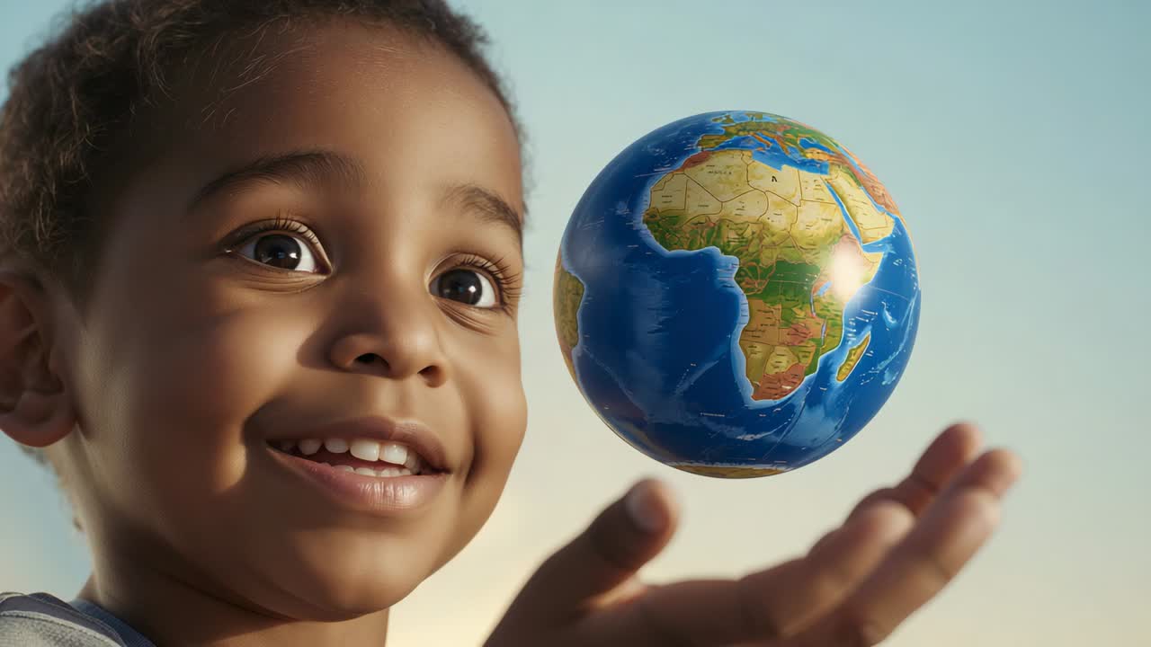 Following hovering globe, curly-haired child tracking rotation and aligning cupped palm in studio