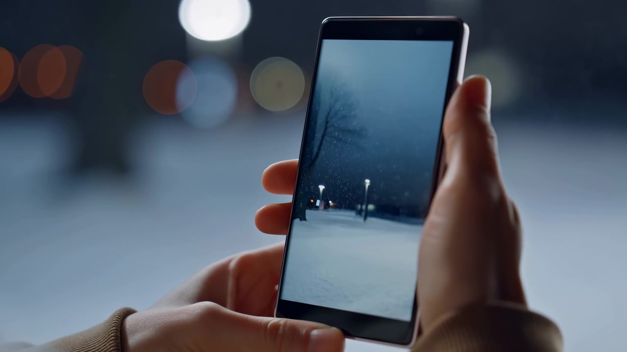 Primo piano di mani che tengono uno smartphone in modalità verticale mentre si visualizza una scena stradale notturna innevata, con lampioni luminosi, rami spogli di alberi, riflessi tenui e sottile regolazione con la punta delle dita
