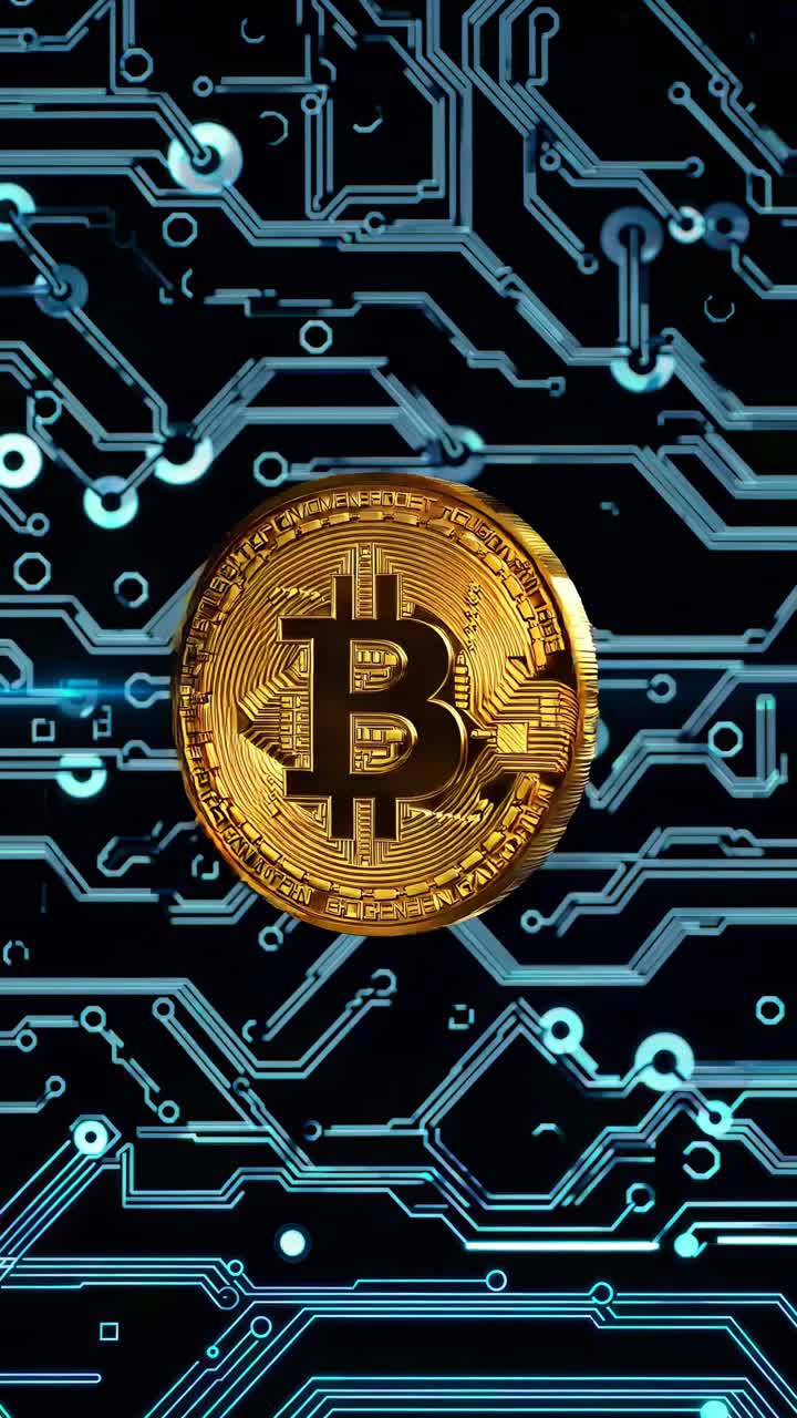 Un concetto video a tema digitale con un primo piano, angolazione dall'alto di una moneta Bitcoin su una superficie luminosa.