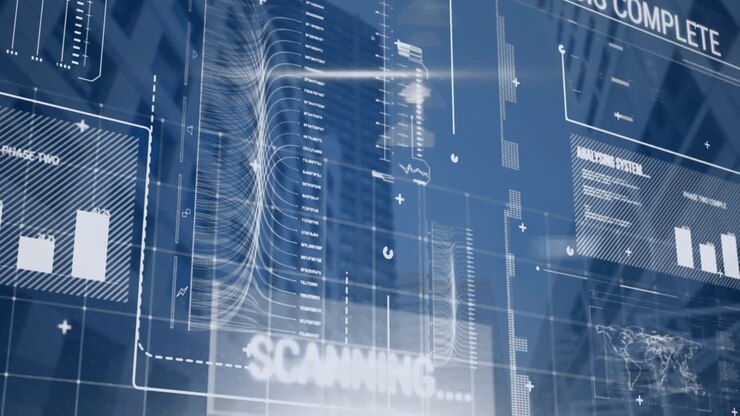 Animation of financial data processing over modern office buildings