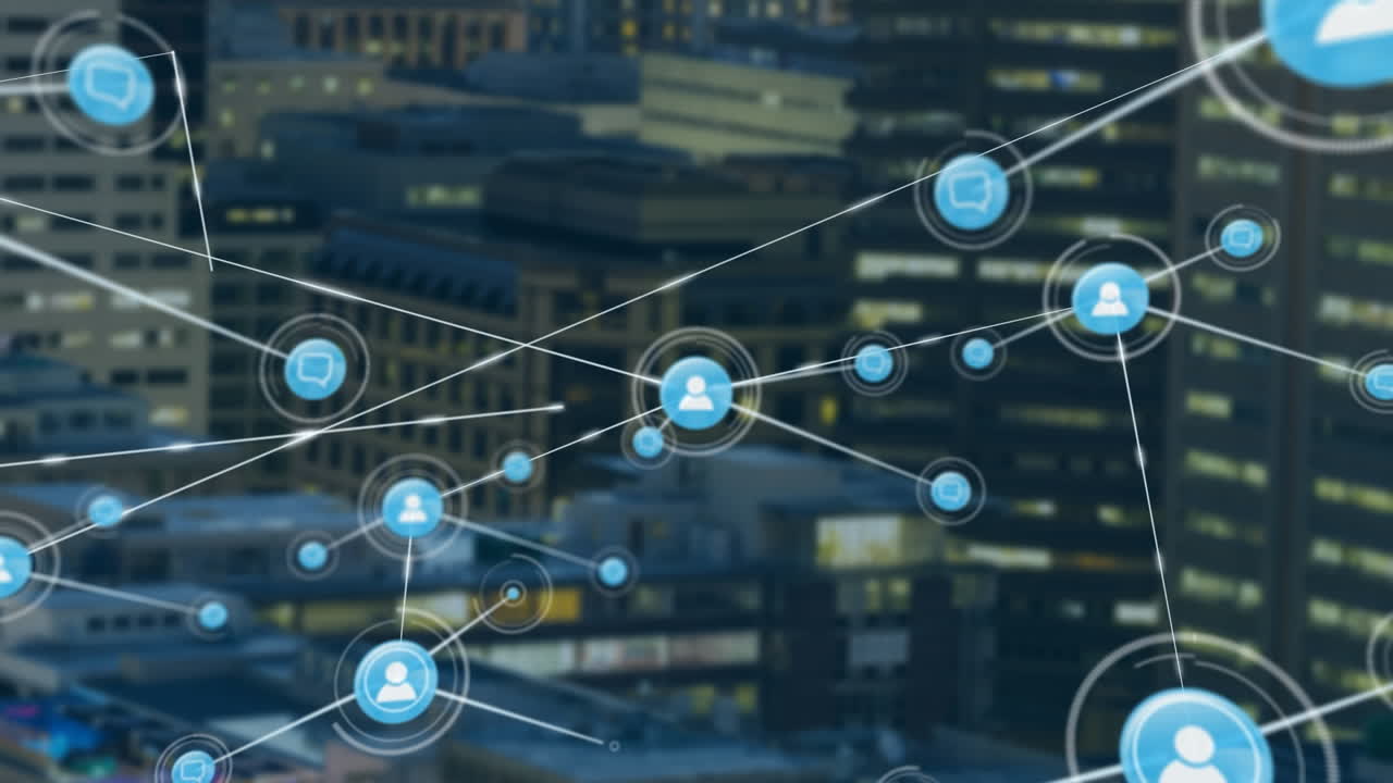 Animation of network of connections over cityscape