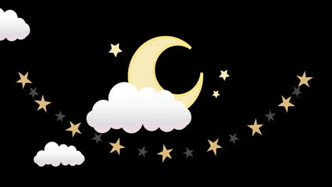 animation of clouds moving over crescent moon and stars on black background