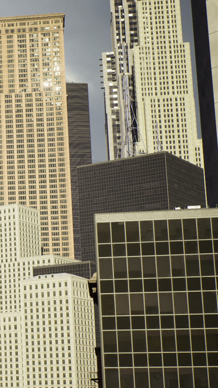 City skyline shows tall buildings during sunny day in urban area