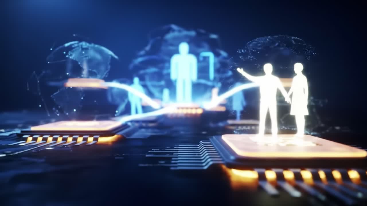 Virtual figures interact on a digital circuit, symbolizing the relationship between technology and human connection. The futuristic setting highlights innovation and collaboration in today's world.