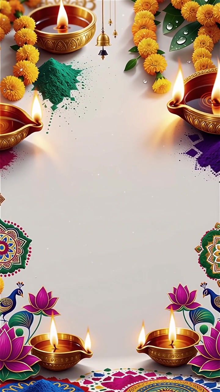 Sfondo Diwali con Diyas luminosi, Rangoli e fiori di loto