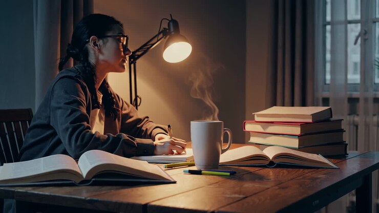 Donna che studia fino a tarda notte