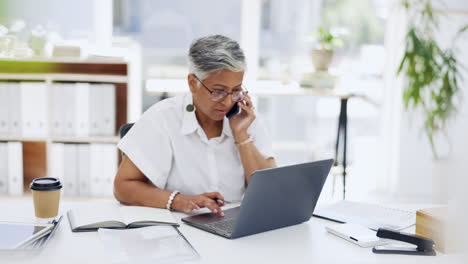 business woman, laptop and phone call