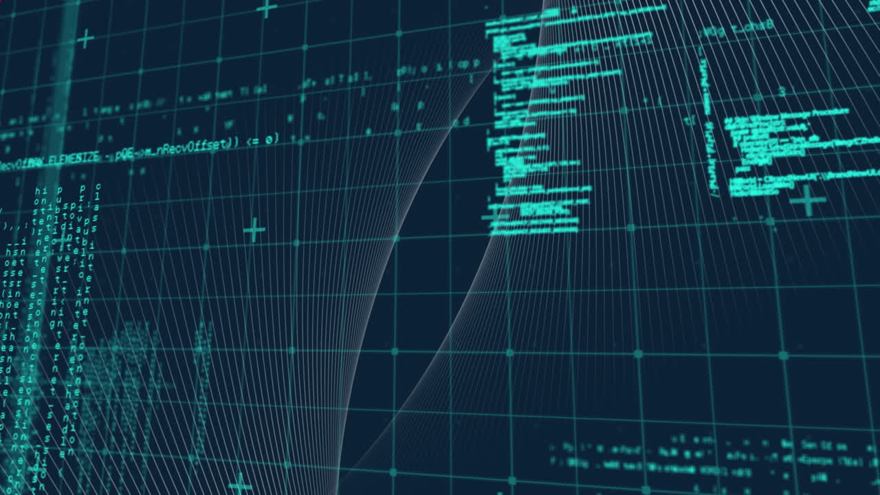 Animation of data processing over mesh on black background