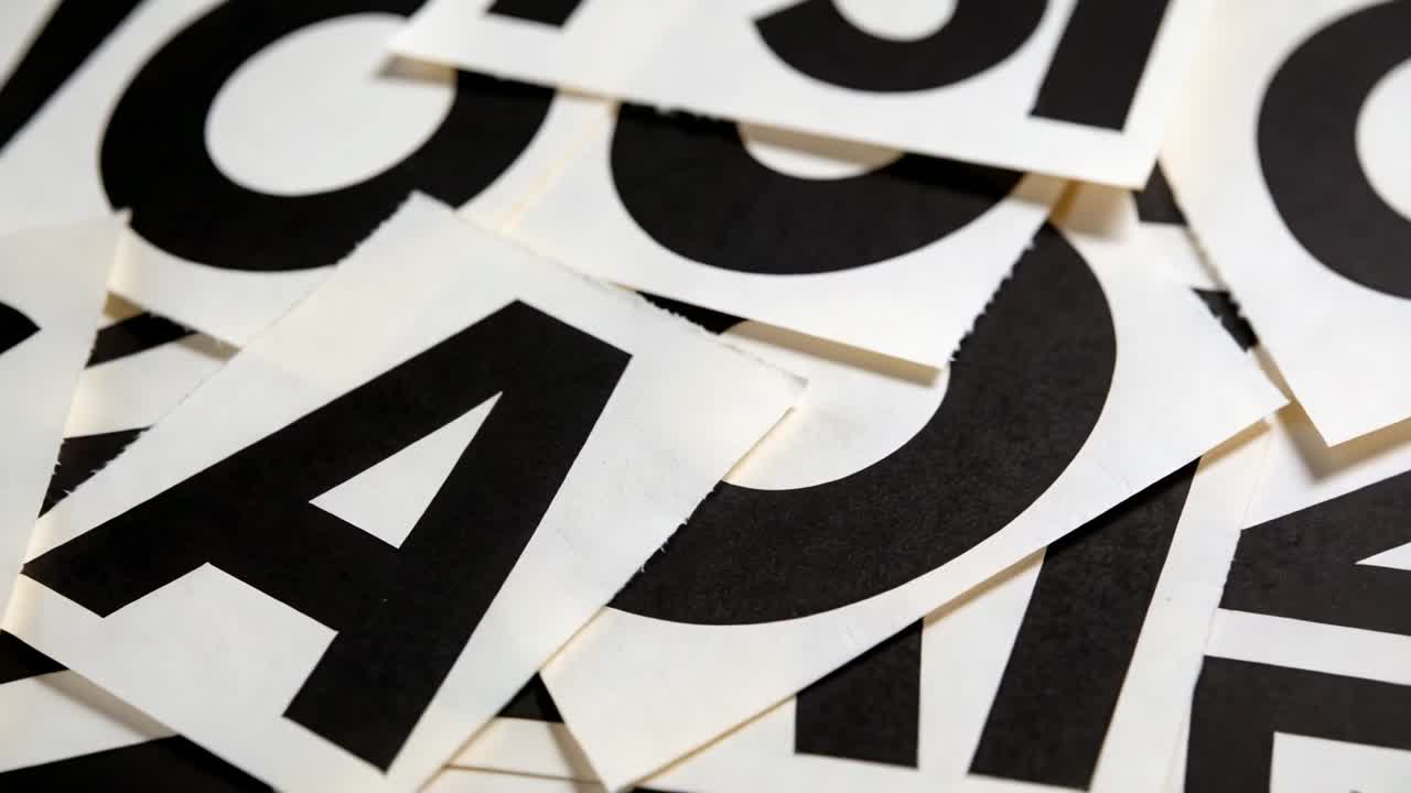 Telecamera scorrevole che rivela la lettera A e carte sovrapposte su un tavolo, mettendo in mostra la tipografia stampata.