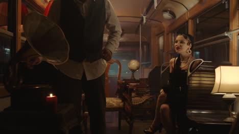 vintage couple in a retro tram