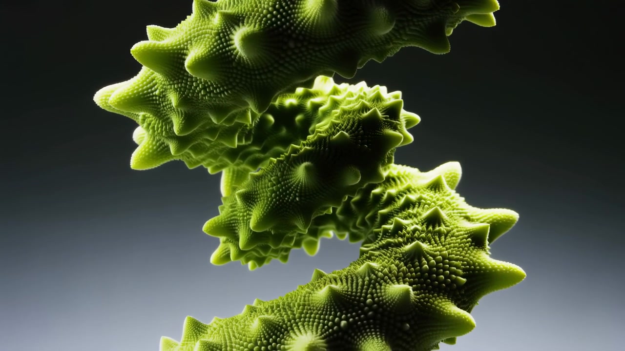 Strutture verdi sovrapposte si spostano nell'inquadratura mentre una forte illuminazione laterale delinea i bordi appuntiti e i dettagli superficiali simili a perline, creando ombre profonde su uno sfondo liscio che sfuma dal carbone al grigio