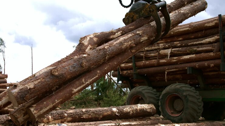 Loader unloading timber logs. Special equipment for lifting logs from truck body