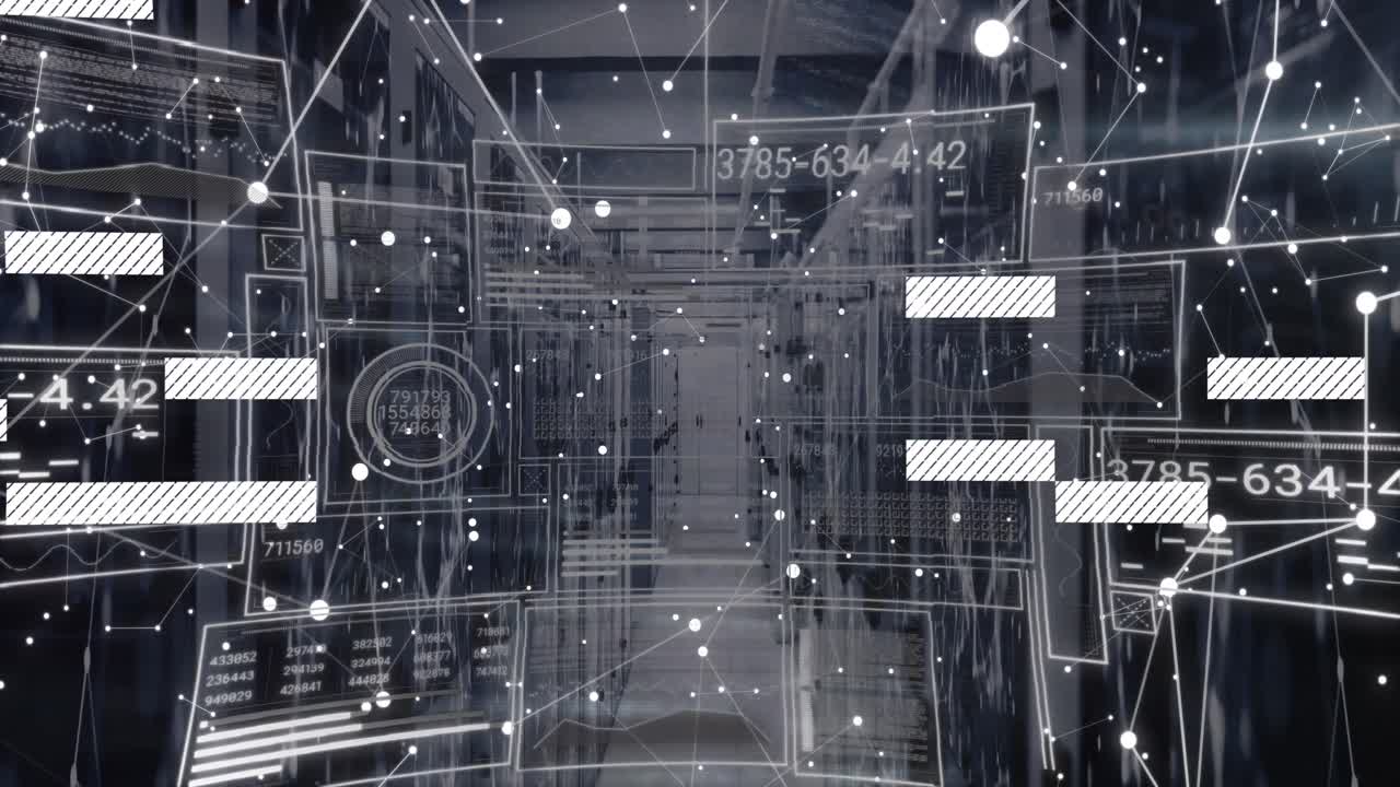 Animation of interface with data processing and network of connections against computer server room