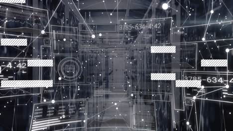 animación de la interfaz con el procesamiento de datos y la red de conexiones contra la sala de servidores de computadoras
