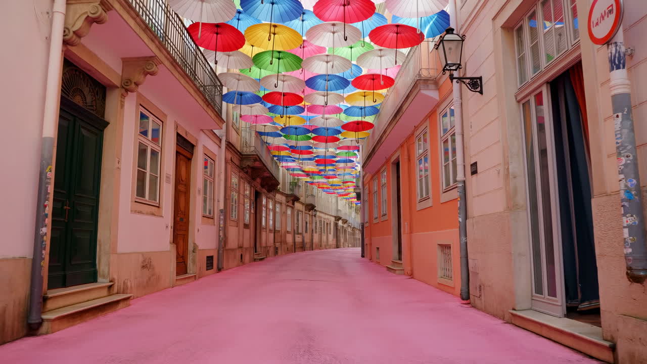 Guarda-chuvas coloridos decoram uma rua rosa estreita em uma antiga cidade europeia