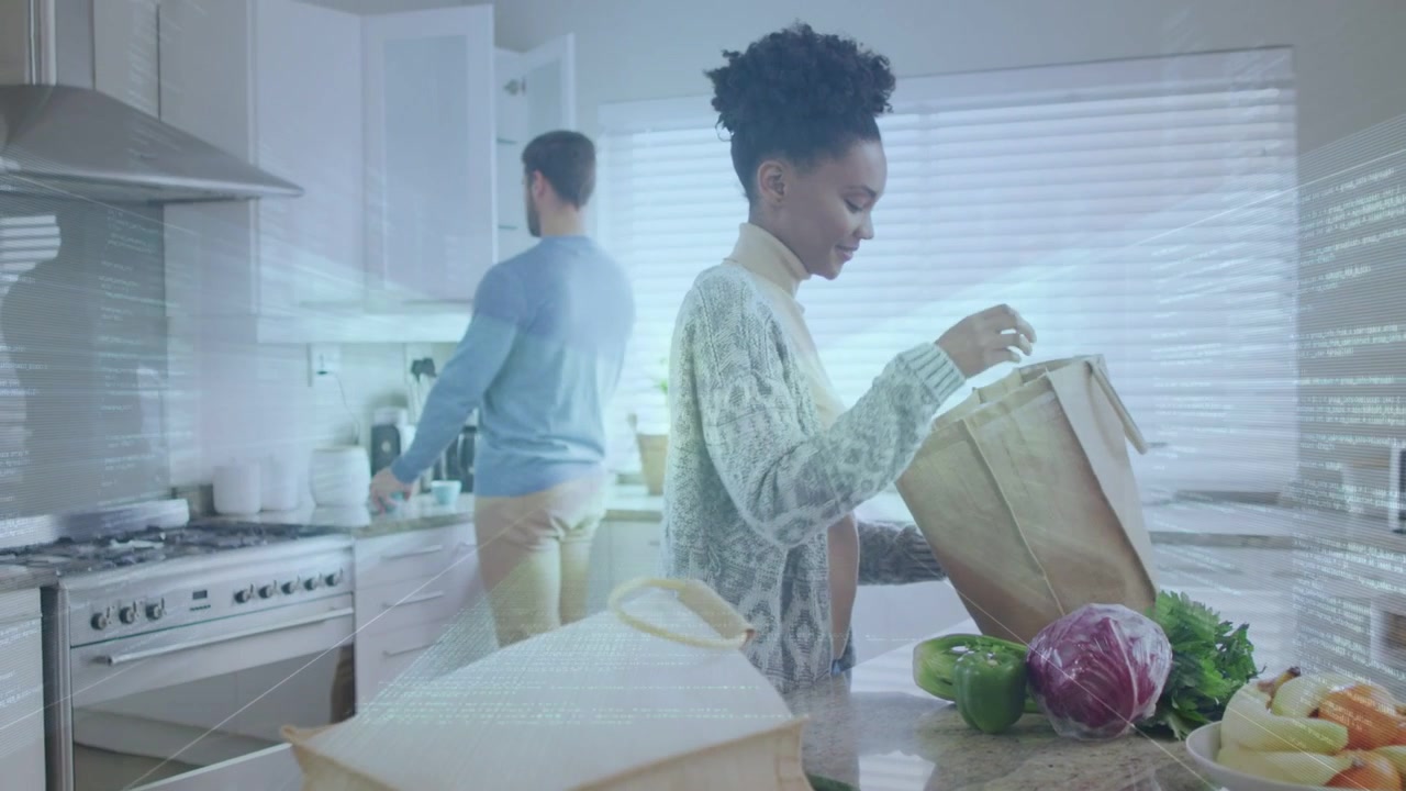 Woman opening bag, unpacking produce in kitchen for dinner; man using faucet, animated tags aiding
