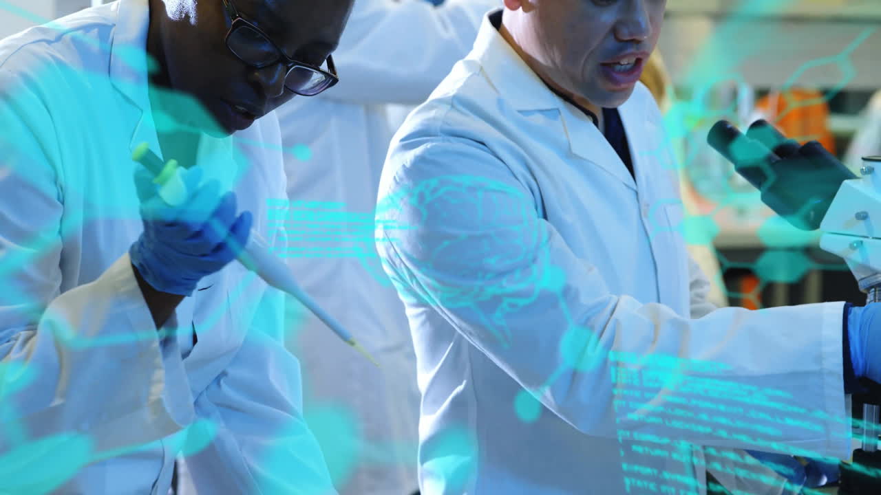 animación de procesamiento de datos y fórmula química sobre diversos científicos que hacen experimentos