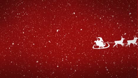 Animation-of-red-shapes-and-snow-over-santa-claus-in-sleigh-with-reindeer-on-red-backrgound