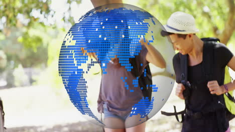young travelers with backpacks walking outdoors, digital globe animation overlay