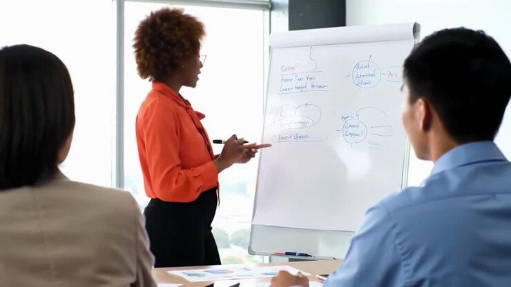 Une femme noire professionnelle dirige une présentation d'affaires, Femme dirigeant une présentation commerciale.