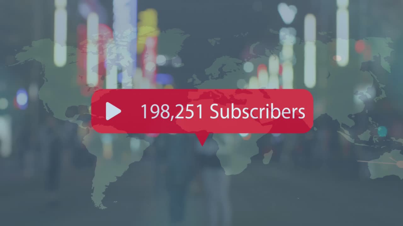 Animation of play icon with increasing subscribers over world map against people walking on street