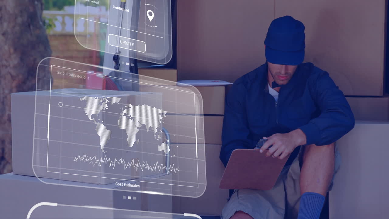 animación de procesamiento de datos a través de pantallas y mensajero caucásico con portapapeles