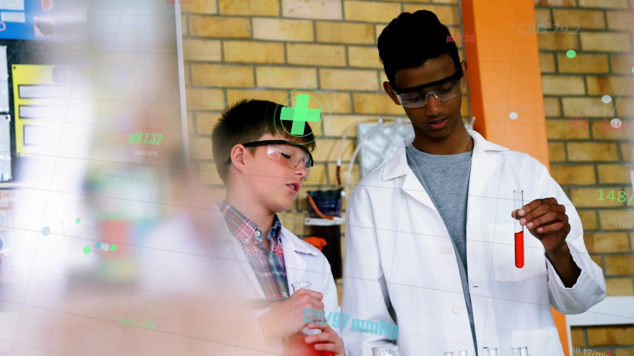 Left student talking, holding flask; right lifting test tube while overlays marking lab results