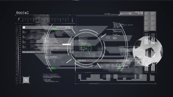Animation of digital data processing on screen over footballs