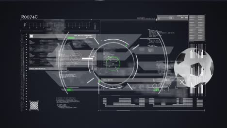 animación del procesamiento de datos digitales en pantalla sobre pelotas de fútbol