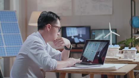 side view of asian man shaking his head while looking solar cell on the laptop next to a small house with solar panel and wind power