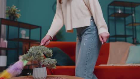 Young-dancing-woman-dusting-furniture-alone-caring-for-hygiene-using-colorful-duster-in-room-at-home