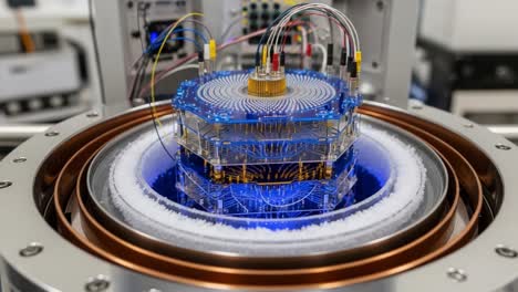 advanced quantum computing system displaying multicolor quantum bits and wiring on a precision base inside a high-tech lab environment