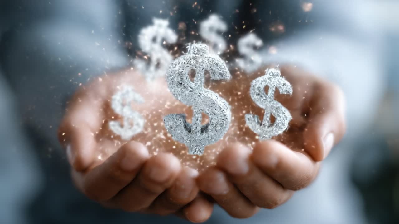 Capturing Wealth: A Visual Representation of Abundance with Glittering Dollar Symbols in Hands, Symbolizing Prosperity, Growth, and Financial Success