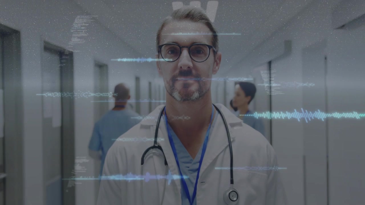Medico che cammina nel corridoio mentre la telecamera si alza, mostrando il volto, con forme d'onda che scorrono e mostrano i parametri vitali.
