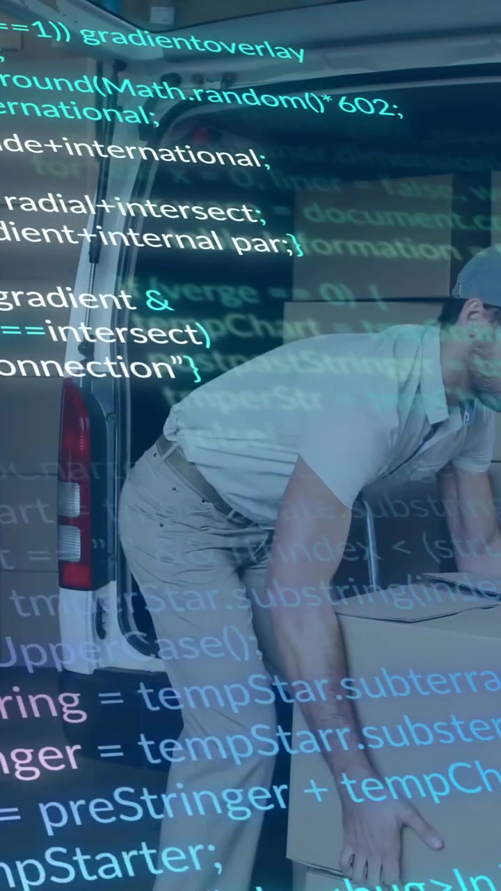 Computer code animation over delivery worker loading packages into van
