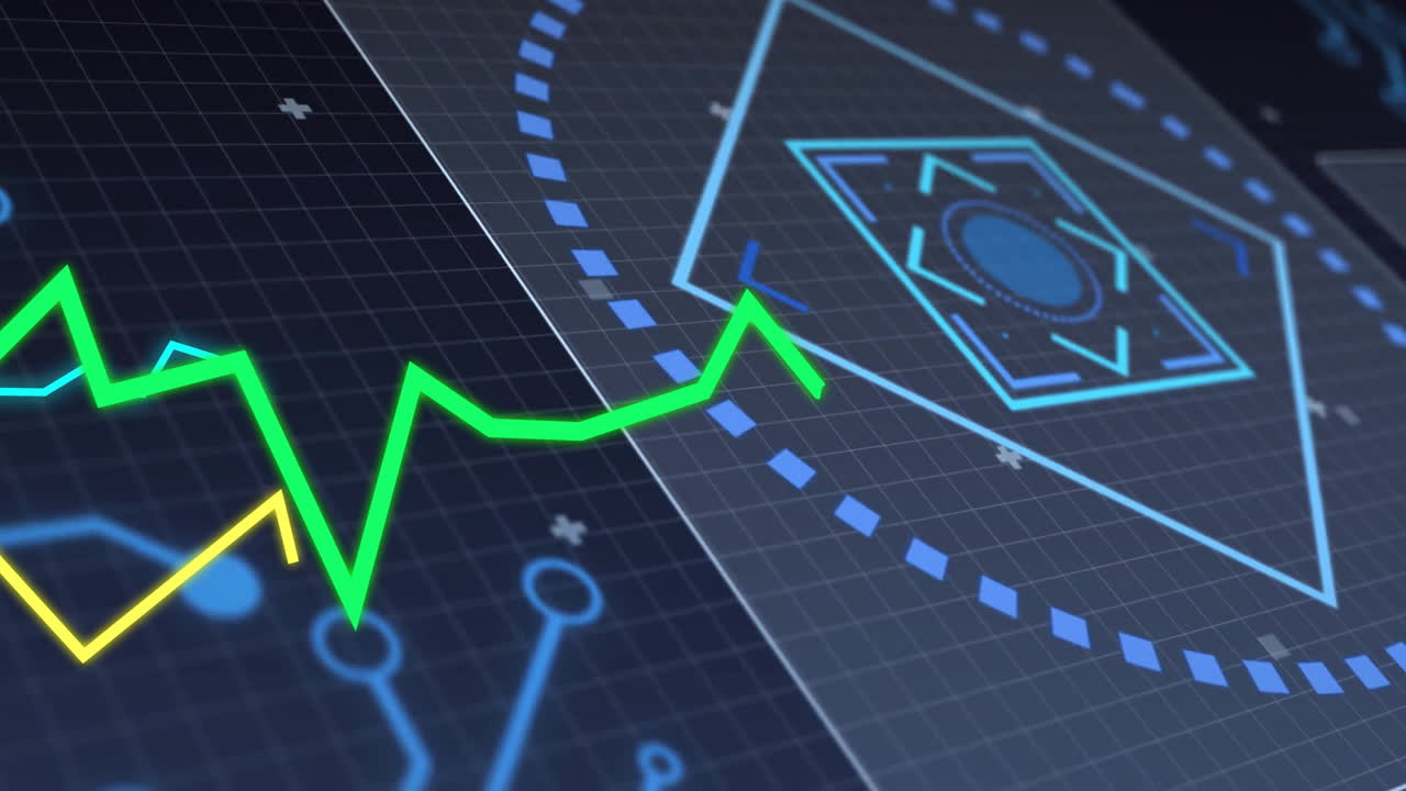 Animation of green zigzag line with geometric shapes over digital grid background