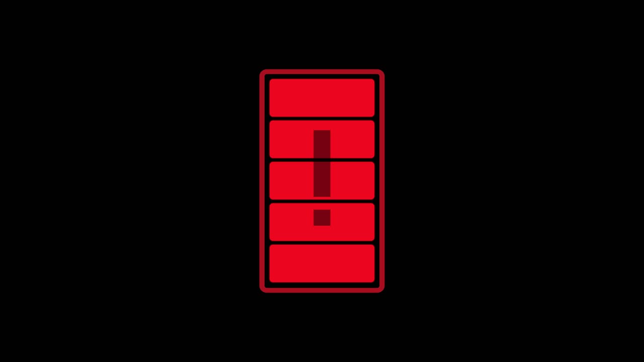 Animated loop of a battery with flickering segments and an exclamation mark, symbolizing overcharge danger