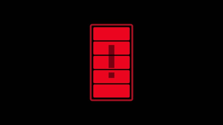 Animated loop of a battery with flickering segments and an exclamation mark, symbolizing overcharge danger
