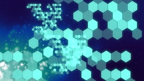 animación de formas en movimiento y puntos sobre fondo azul.