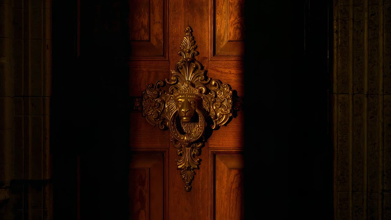 Opening gap revealing warm light, illuminating ornate brass lion-head knocker on door in foyer