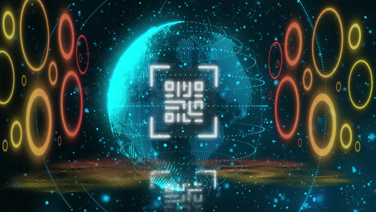 Digital globe with futuristic text and glowing circles in space-themed animation