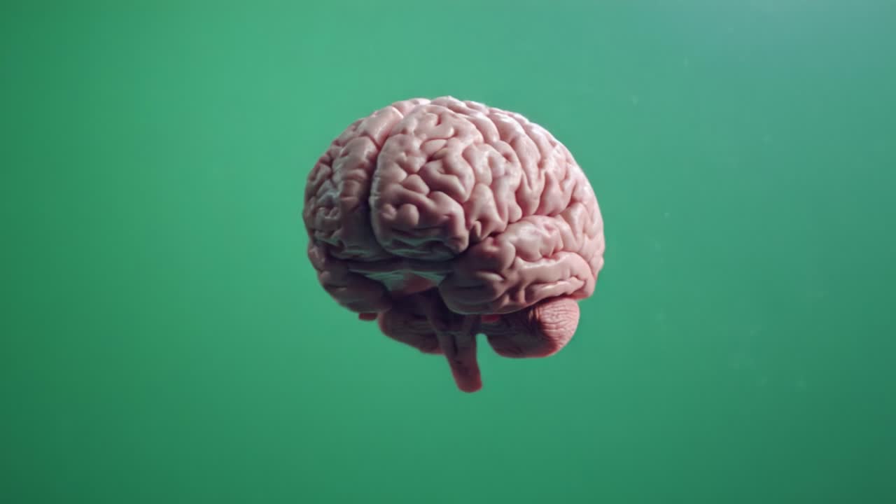 A Detailed View of a Human Brain Floating in a Green Background, Showcasing the Intricate Neural Structures and Form of the Organ in a Simple Yet Captivating Setting